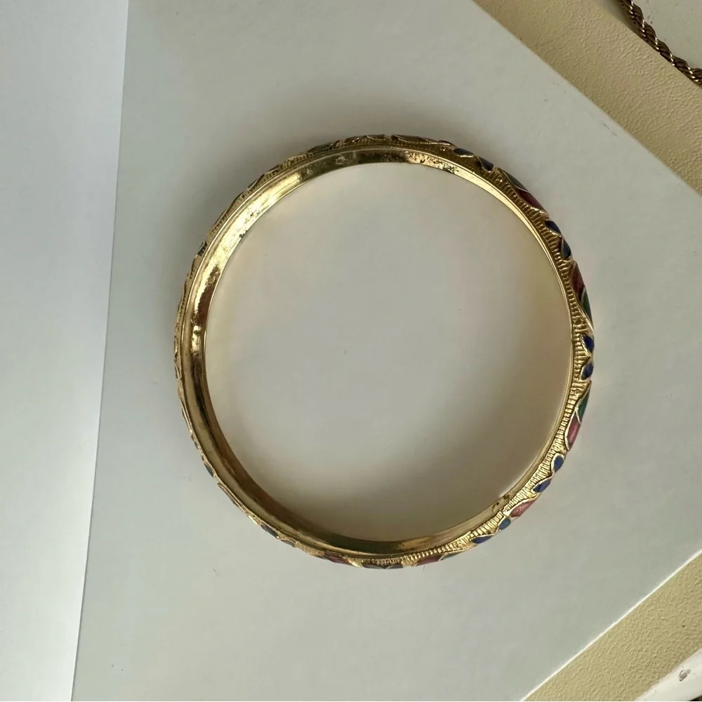 Vintage Cloisonné Gold-Tone Patterned Bangle - Picture 2 of 5